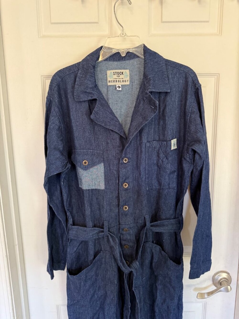 Stock MFG Herbology Denim Long Sleeve Wide Leg Jumpsuit Women's Large - Picture 2 of 6